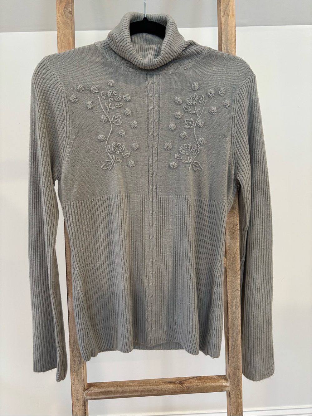 To the Max Gray Ribbed Cowl Neck Sweater with Floral Detail